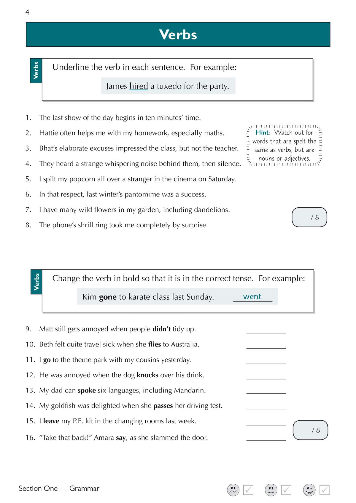 Children underline verbs in sentences and rewrite verbs in the correct tense, with a hint to watch out for homophones