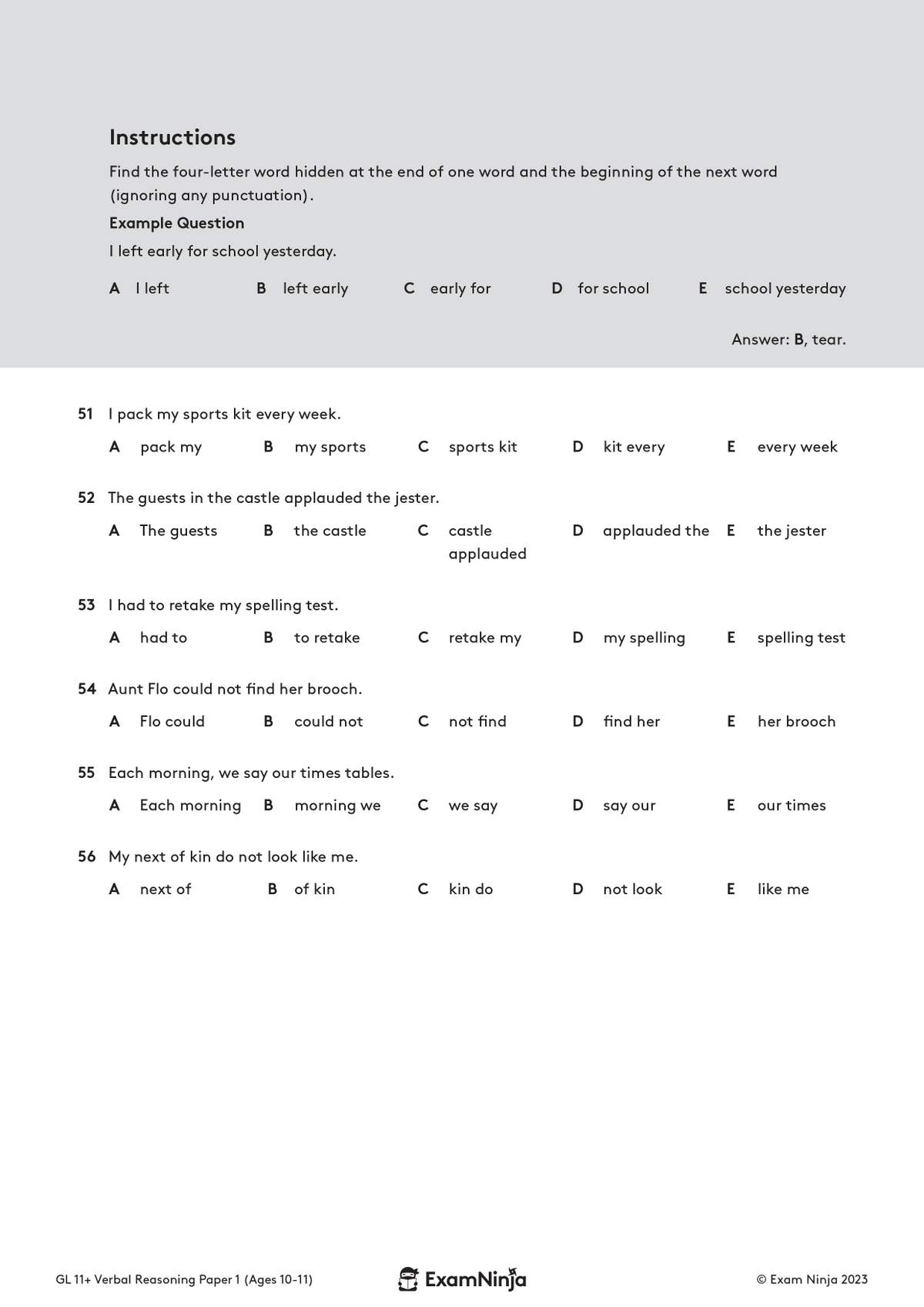 Six multiple-choice questions ask children to find four-letter words hidden between words in sentences