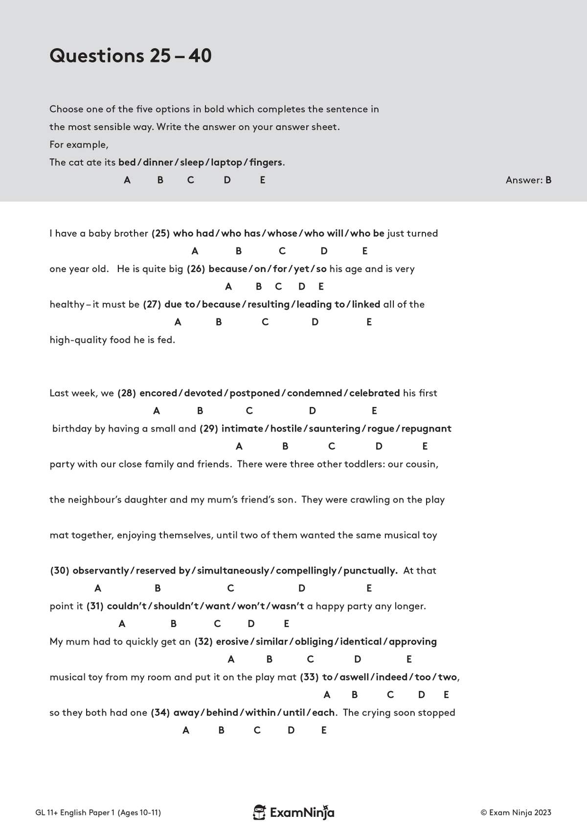 A multiple-choice English exercise where children choose the correct word to complete sentences based on a short story