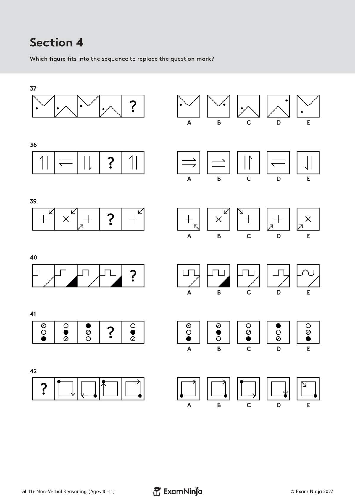 Six non-verbal reasoning questions where children select the correct figure to complete a pattern