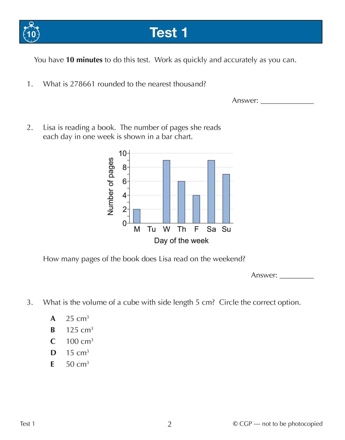 A timed test with three questions on rounding, reading a bar chart, and calculating volume
