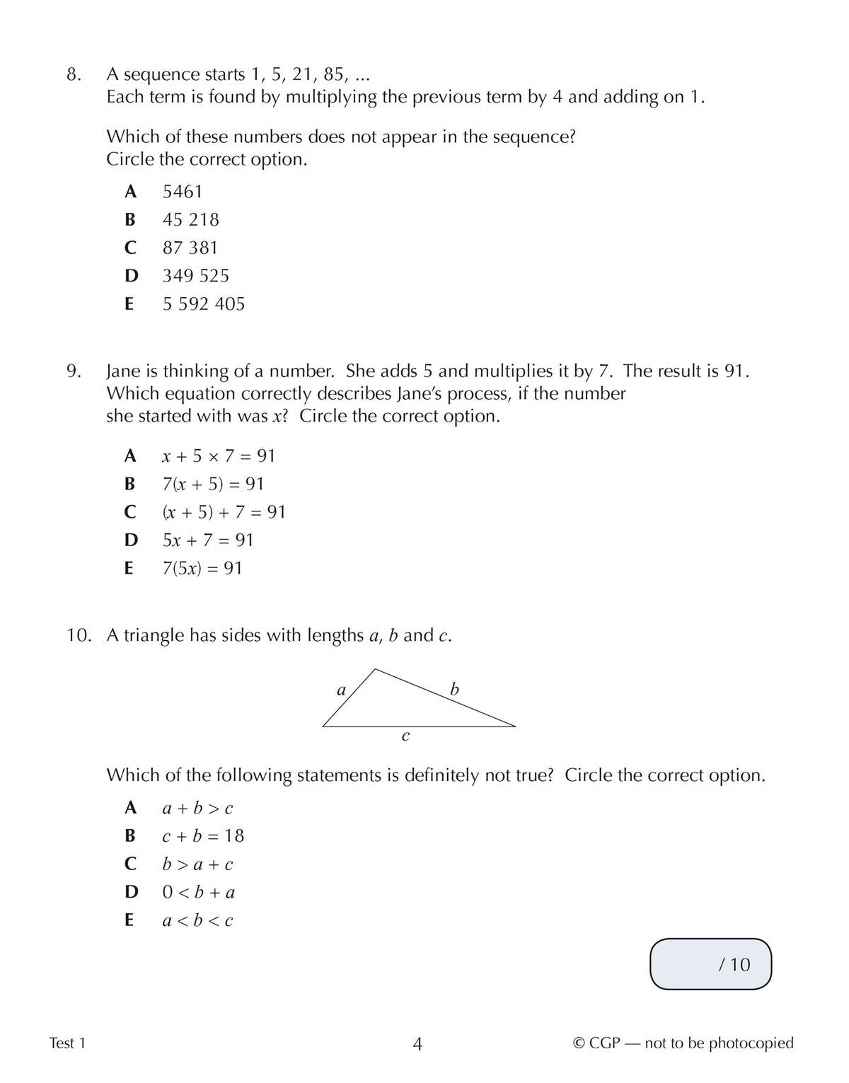 Three multiple-choice questions on number sequences, algebraic equations, and triangle inequalities