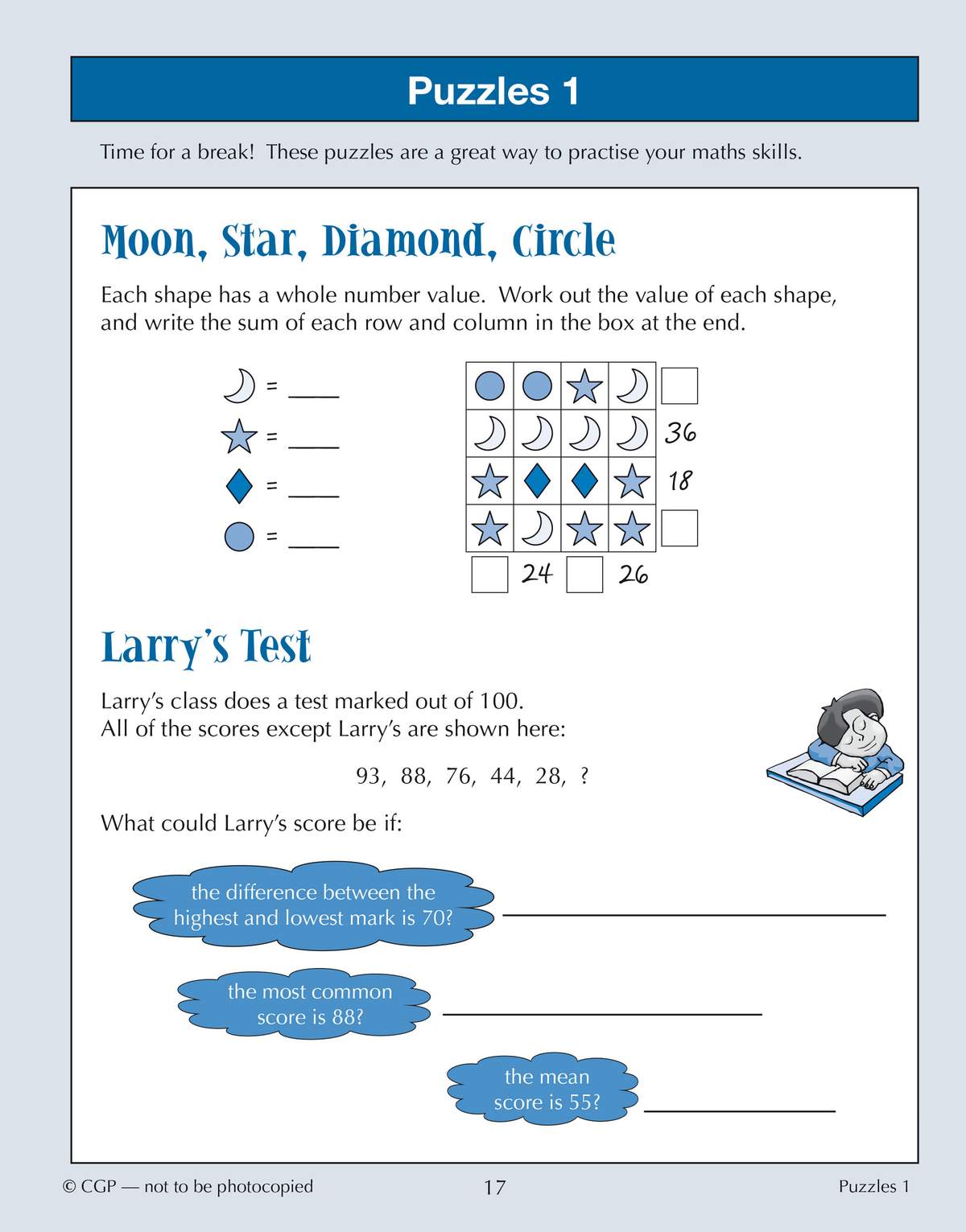 Two maths puzzles: find the value of shapes in a grid, then calculate Larry's missing test score from clues