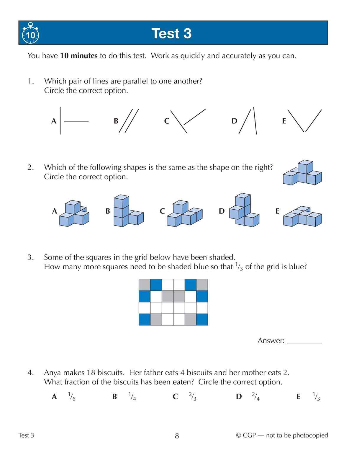 A timed test with four questions on parallel lines, 3D shapes, fractions and a word problem