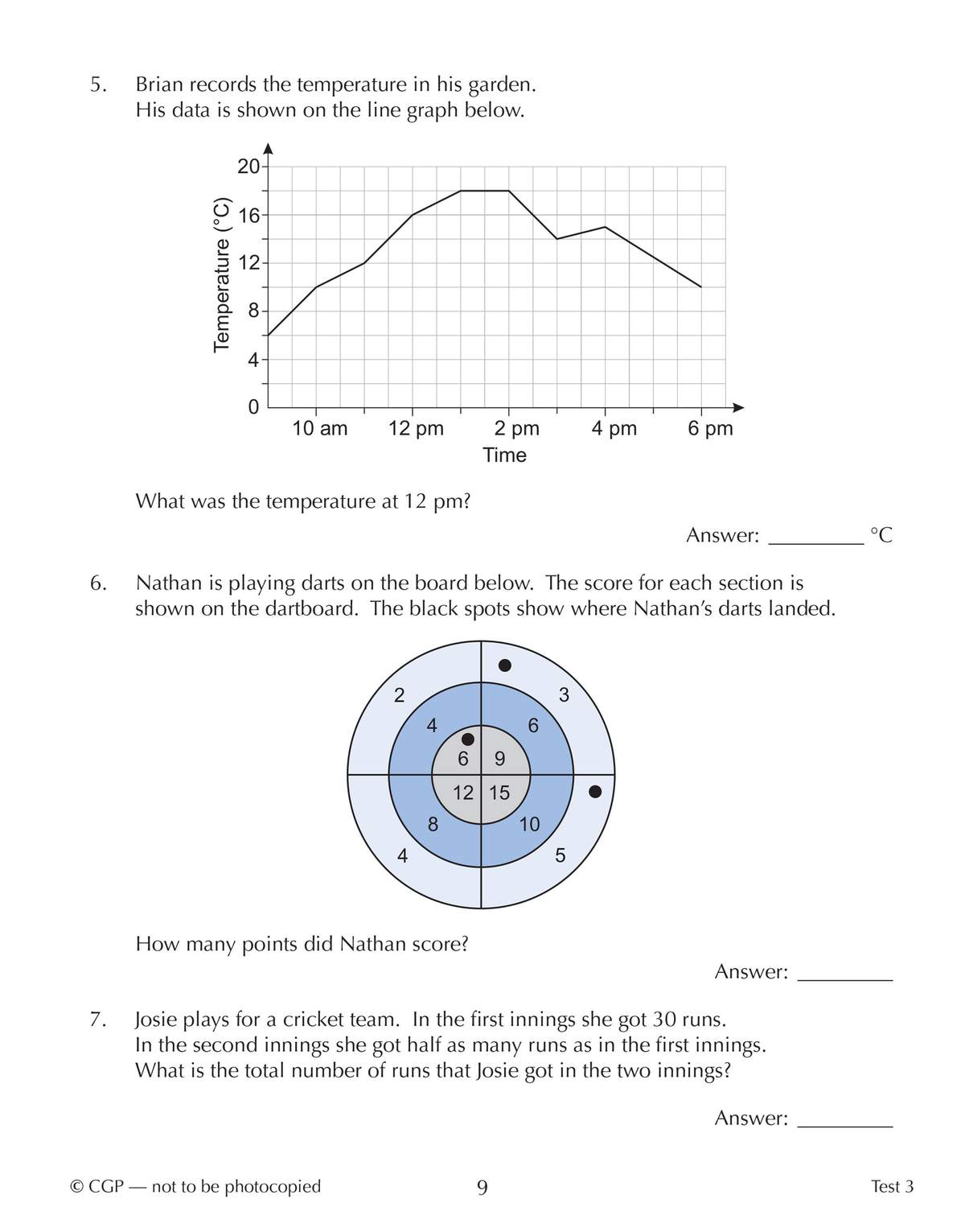 Three maths questions on reading a temperature graph, calculating a dartboard score, and adding cricket runs