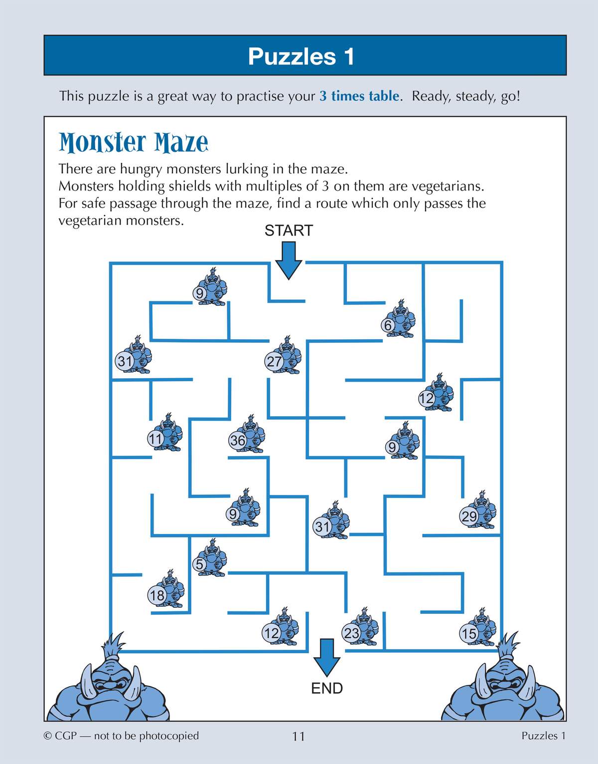 A maze where children trace a path through monsters holding multiples of 3 to reach the end