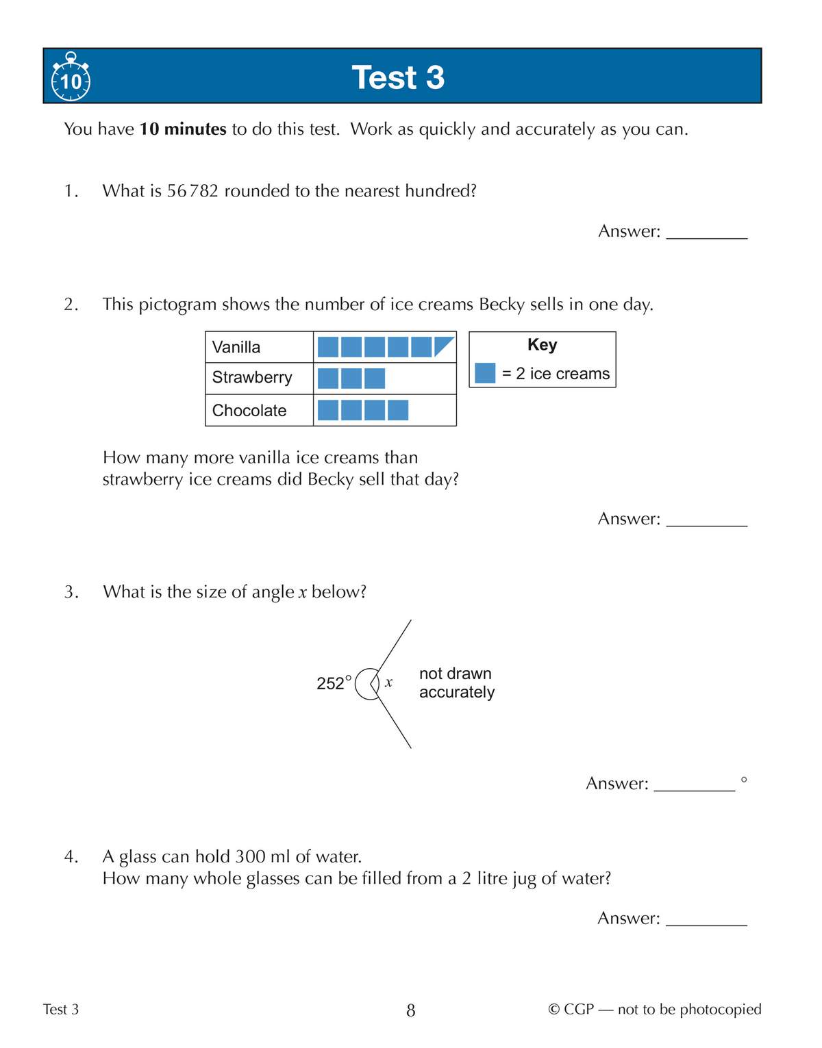 A timed test with four questions on rounding, pictograms, angles, and unit conversion, requiring quick and accurate answers