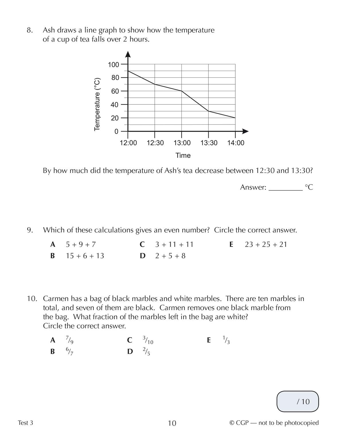 Three maths questions on page 10, including reading a temperature graph, finding even sums