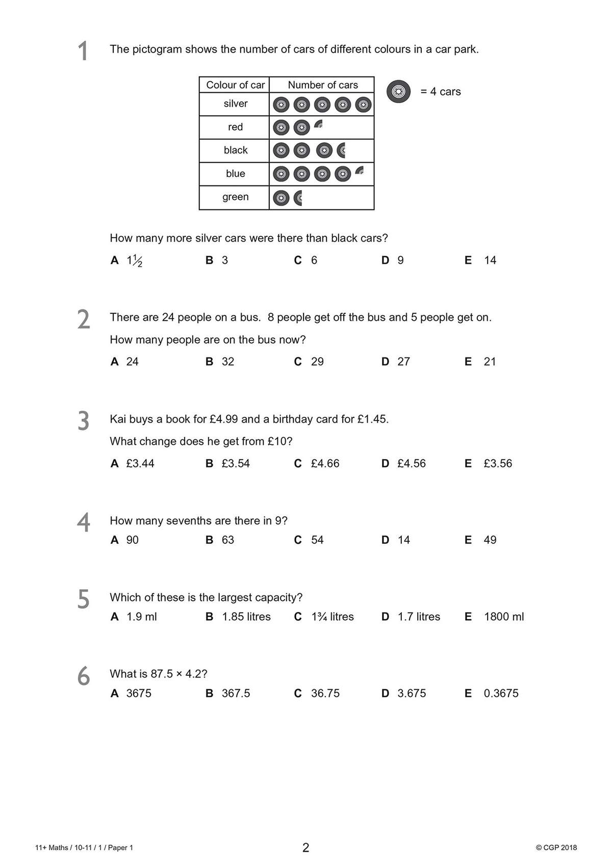 Six multiple-choice questions on interpreting pictograms, basic arithmetic, and capacity