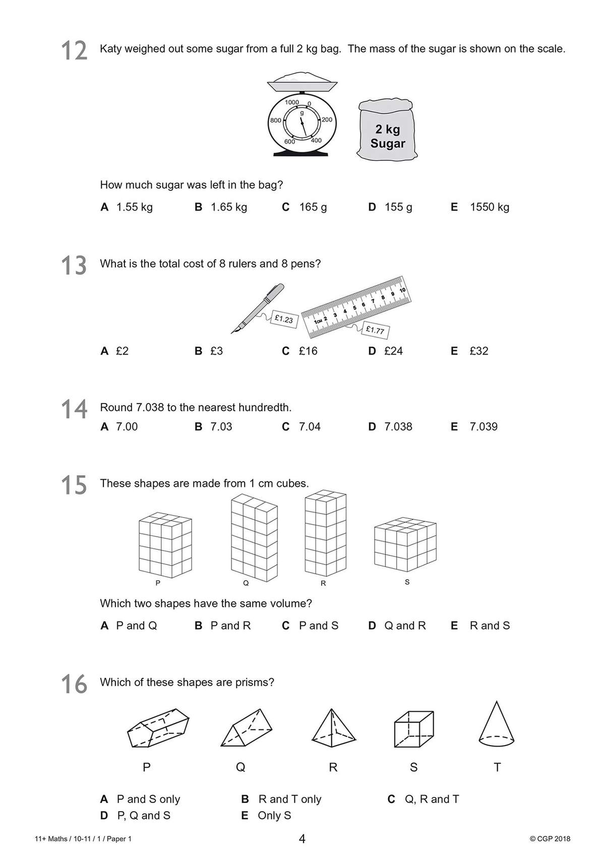 Five multiple-choice questions on mass, cost, rounding and volume, with diagrams to interpret