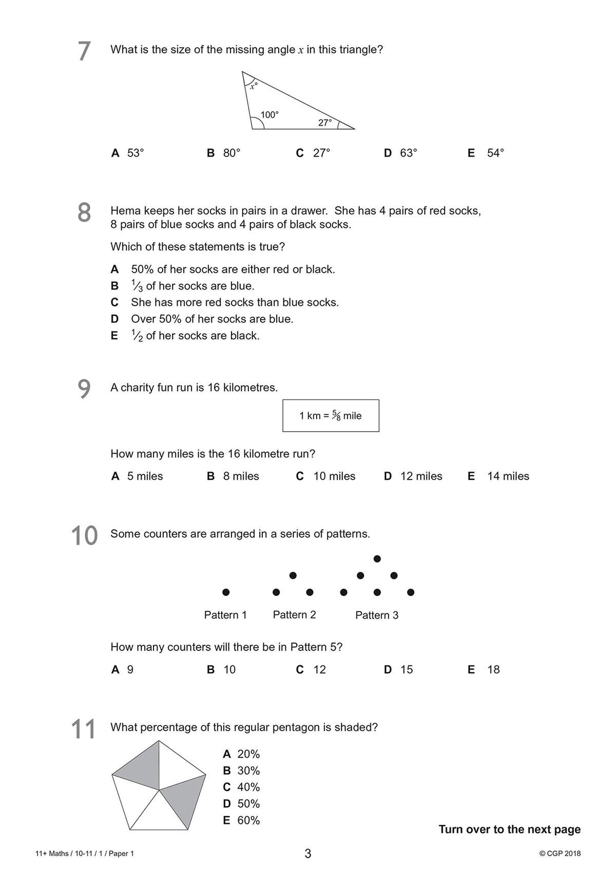 Five multiple-choice maths questions on geometry, percentages, and patterns for Year 6 pupils