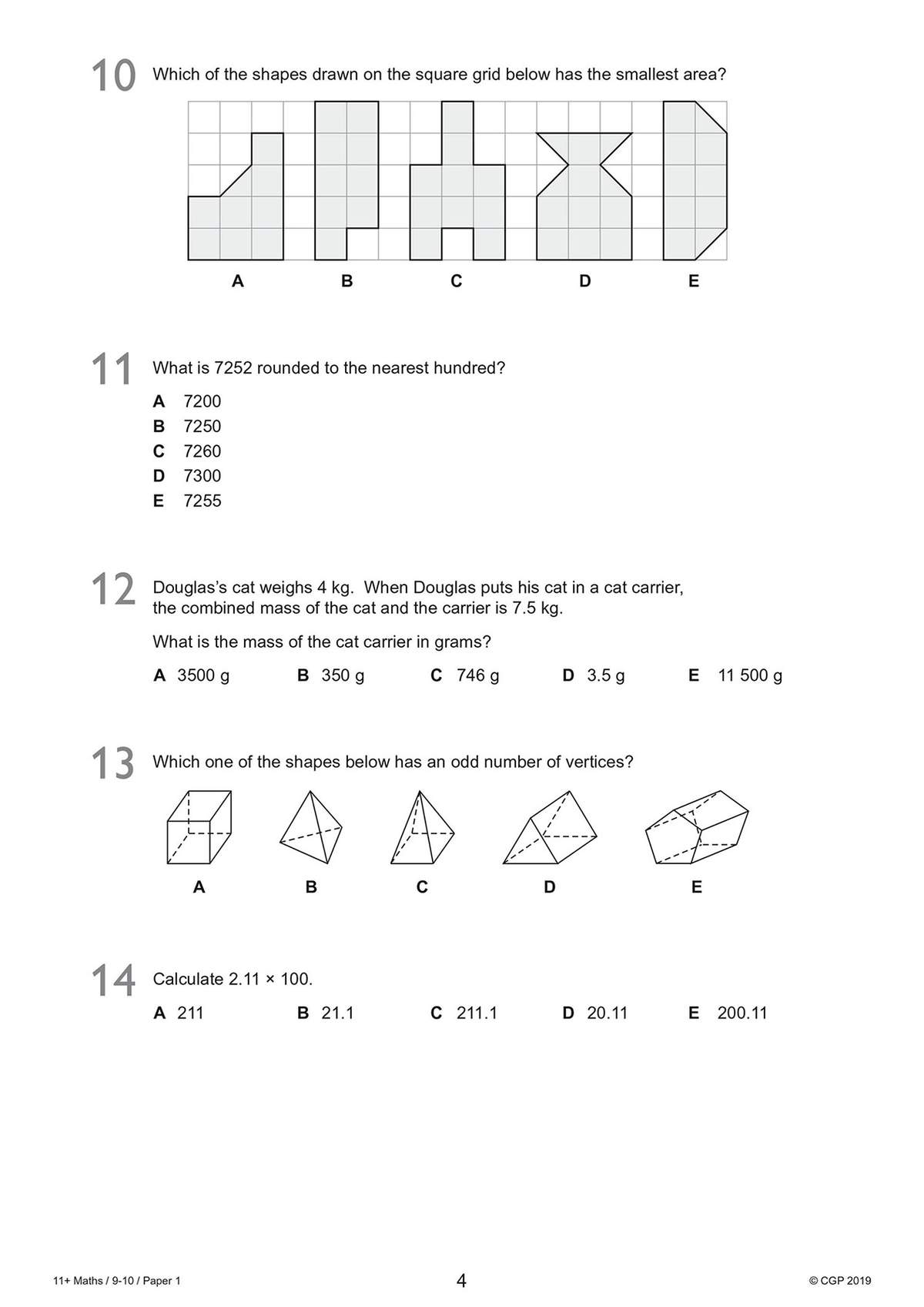 Five multiple-choice questions on area, rounding, mass, vertices and decimals, with diagrams to help