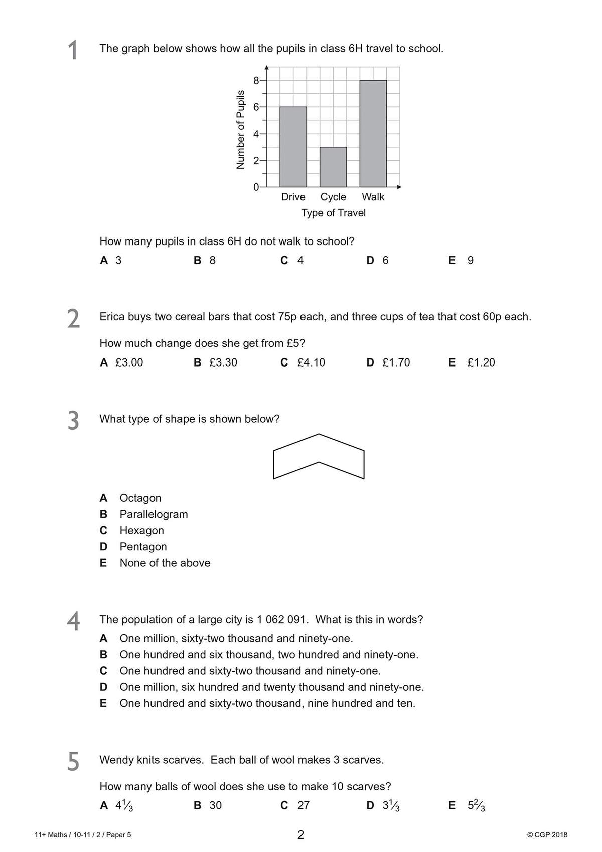 Five multiple-choice questions on bar charts, money, shapes, numbers and fractions for Year 6 pupils