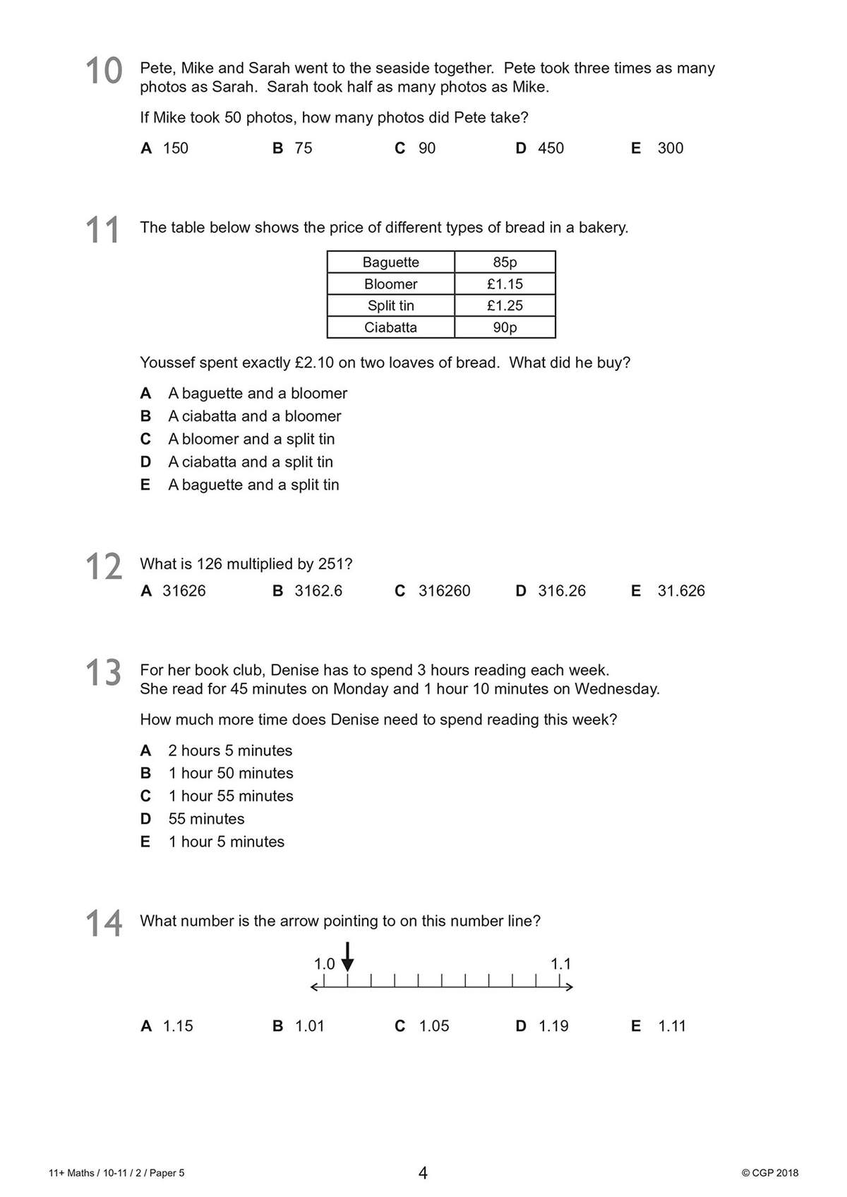 Five multiple-choice questions on word problems, multiplication, time, and number lines
