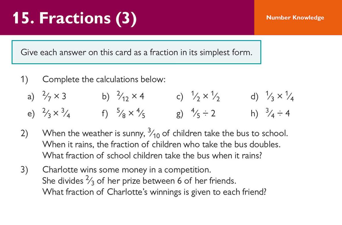 Eight fraction calculations and two word problems on multiplying and dividing fractions