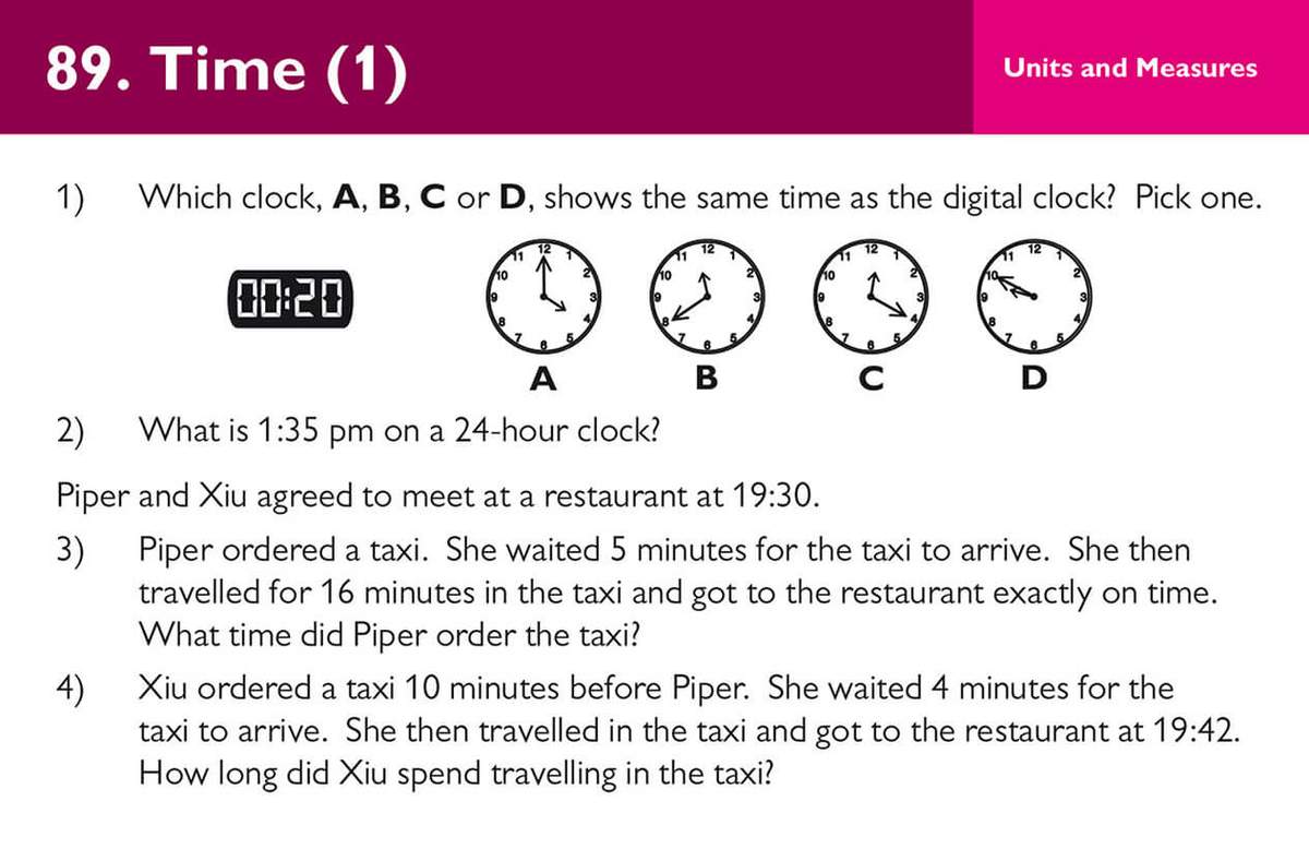 Four questions on reading clocks and calculating time, including a word problem about taxi journeys