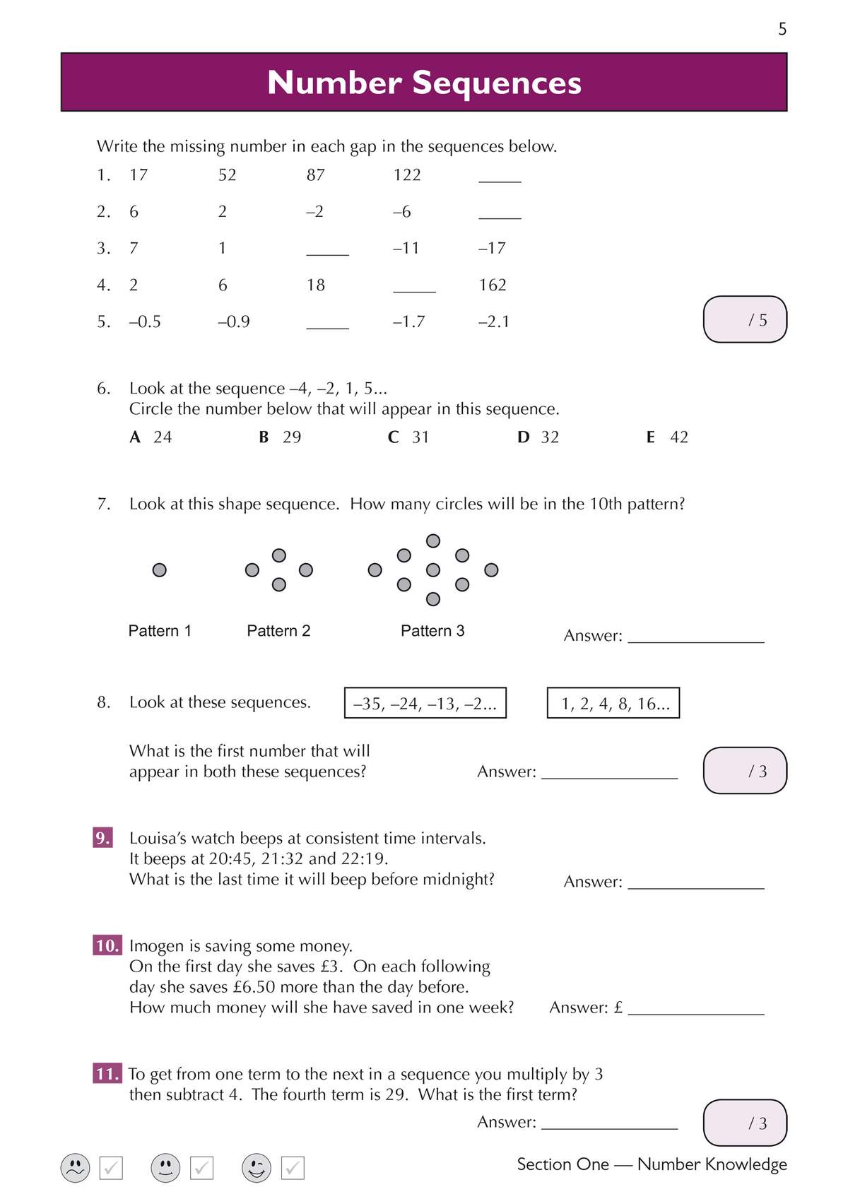 Children find missing numbers in sequences, identify patterns in shapes and times