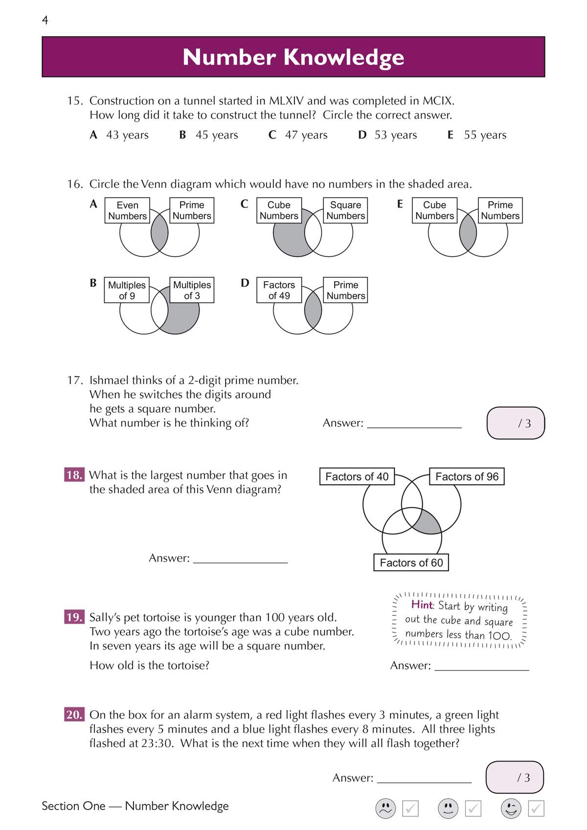 Six questions on Roman numerals, prime numbers and LCM, with multiple choice, Venn diagrams and short written answers