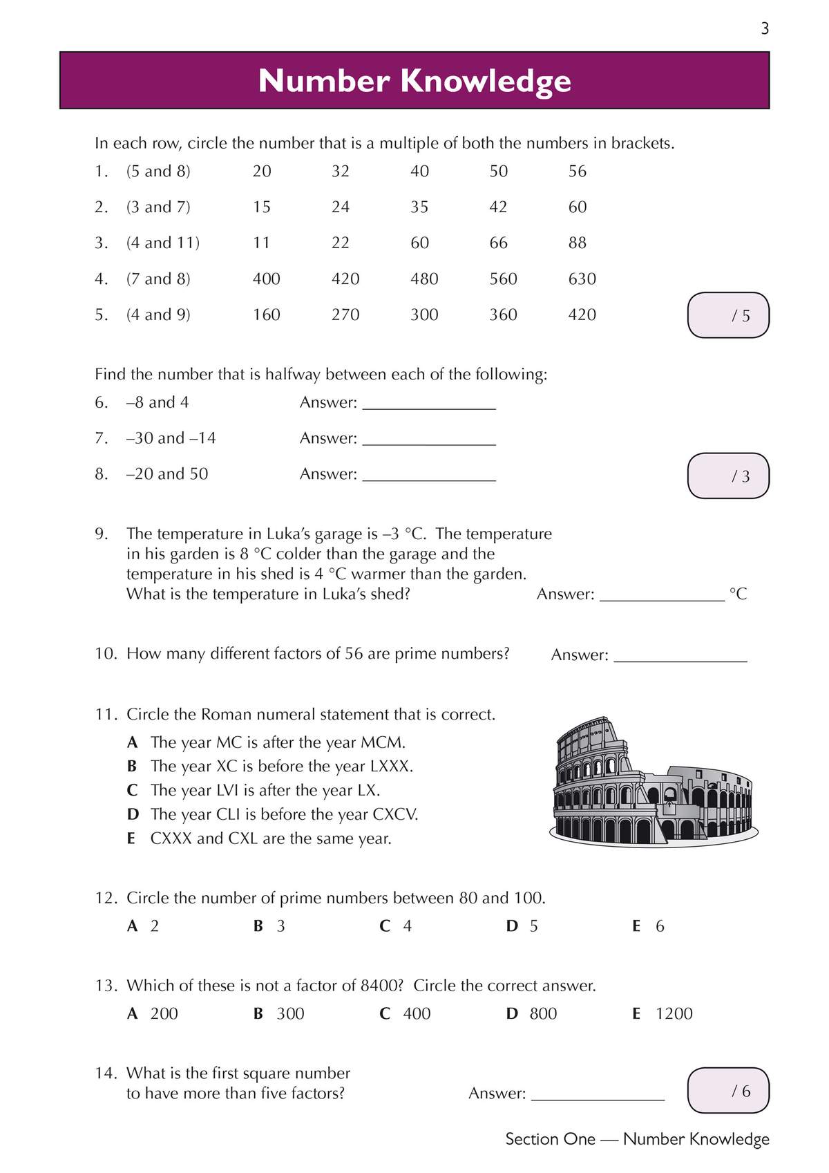 Twelve questions on multiples, factors and Roman numerals, including a word problem about temperature and a Colosseum