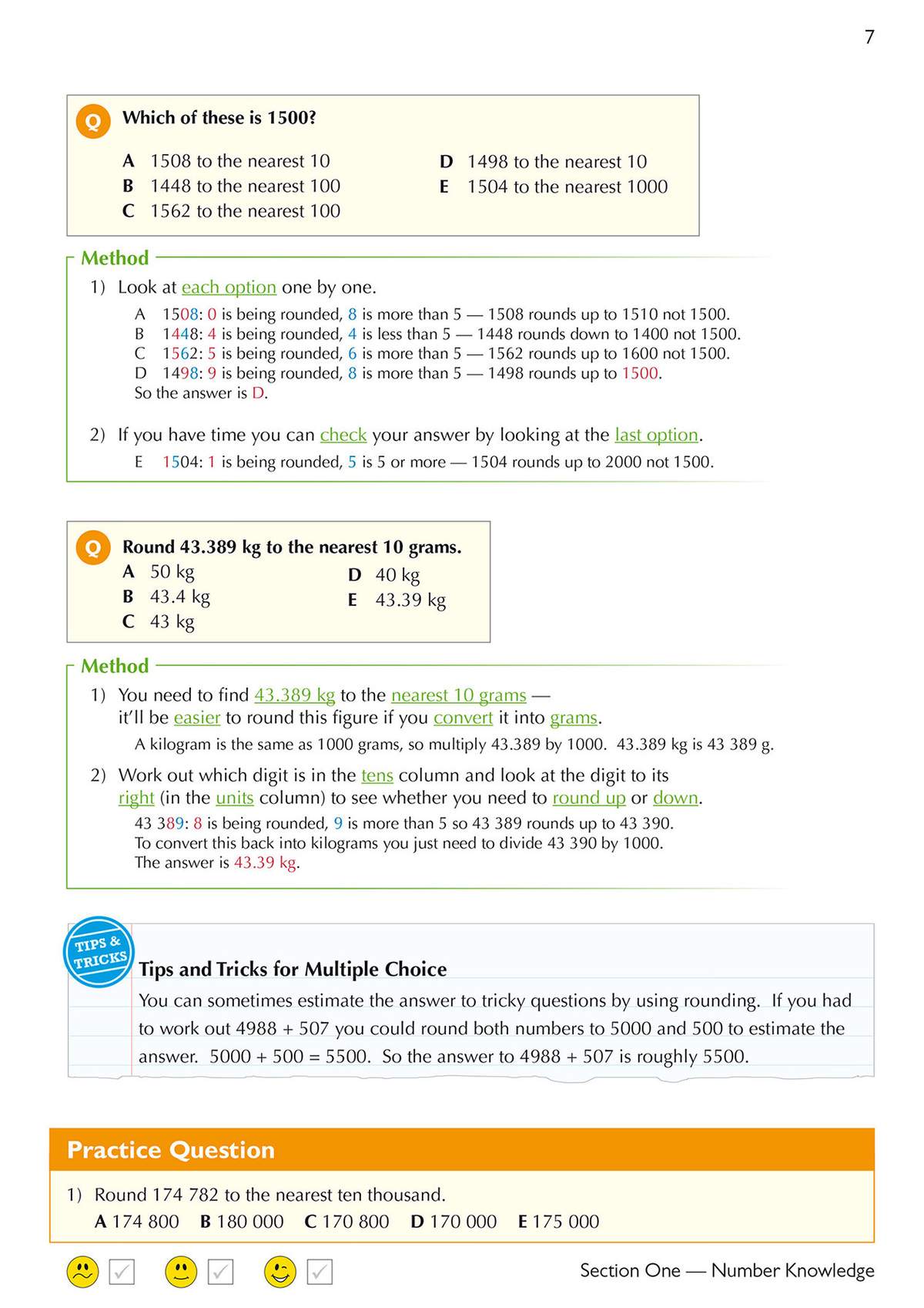 Two worked examples on rounding numbers, with a practice question at the bottom for the child to try
