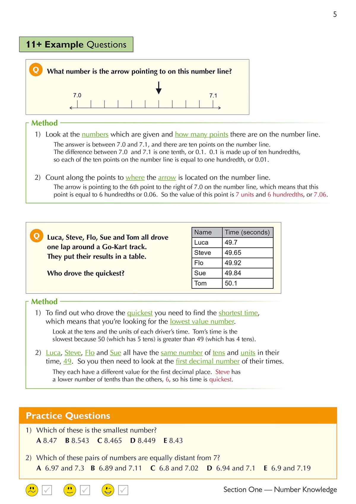Two worked examples on decimals and a table of times, followed by multiple-choice practice questions on comparing numbers