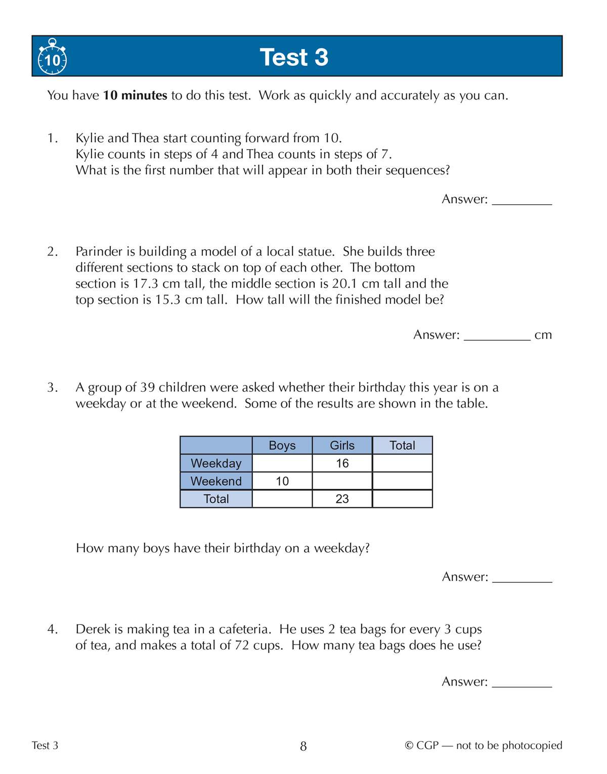 Four timed word problems on sequences, addition, data tables and ratios, with space to write answers