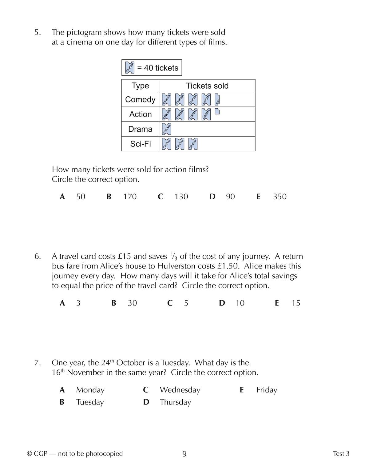 Three multiple-choice questions on data handling and arithmetic, including a pictogram and a travel card calculation