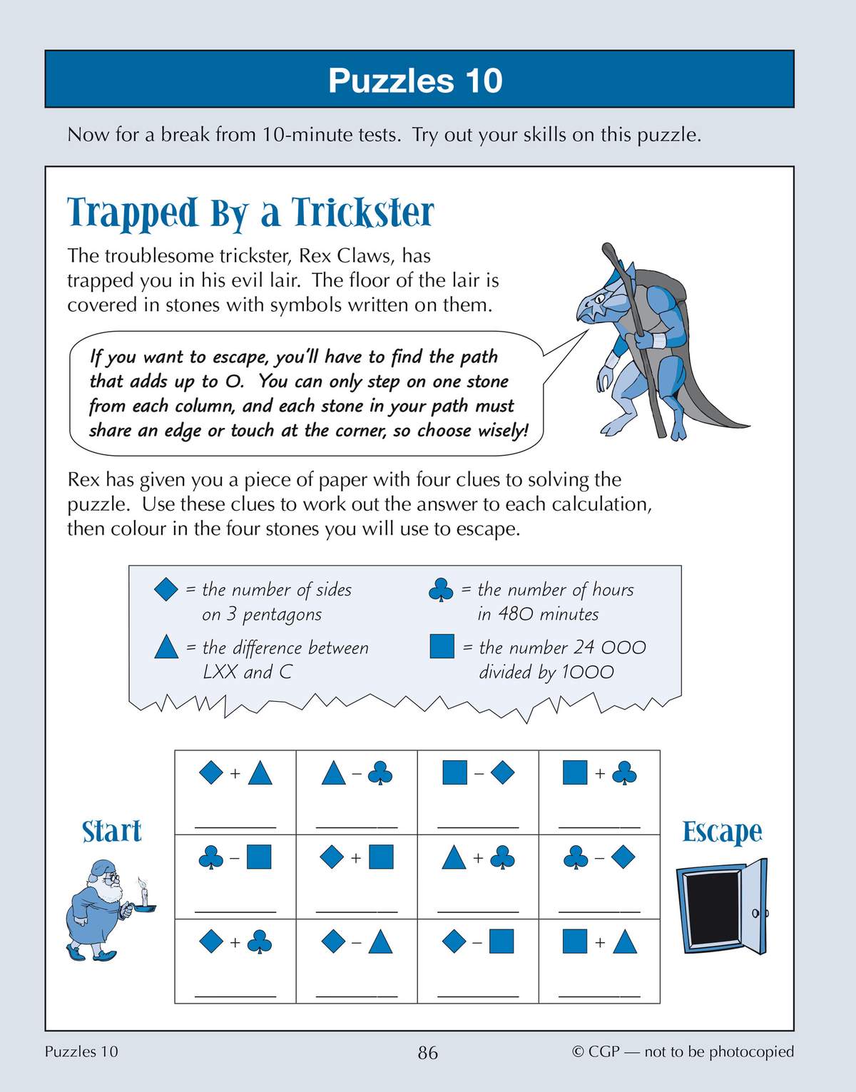 Children solve four calculations using clues, then colour a path from start to escape on a grid