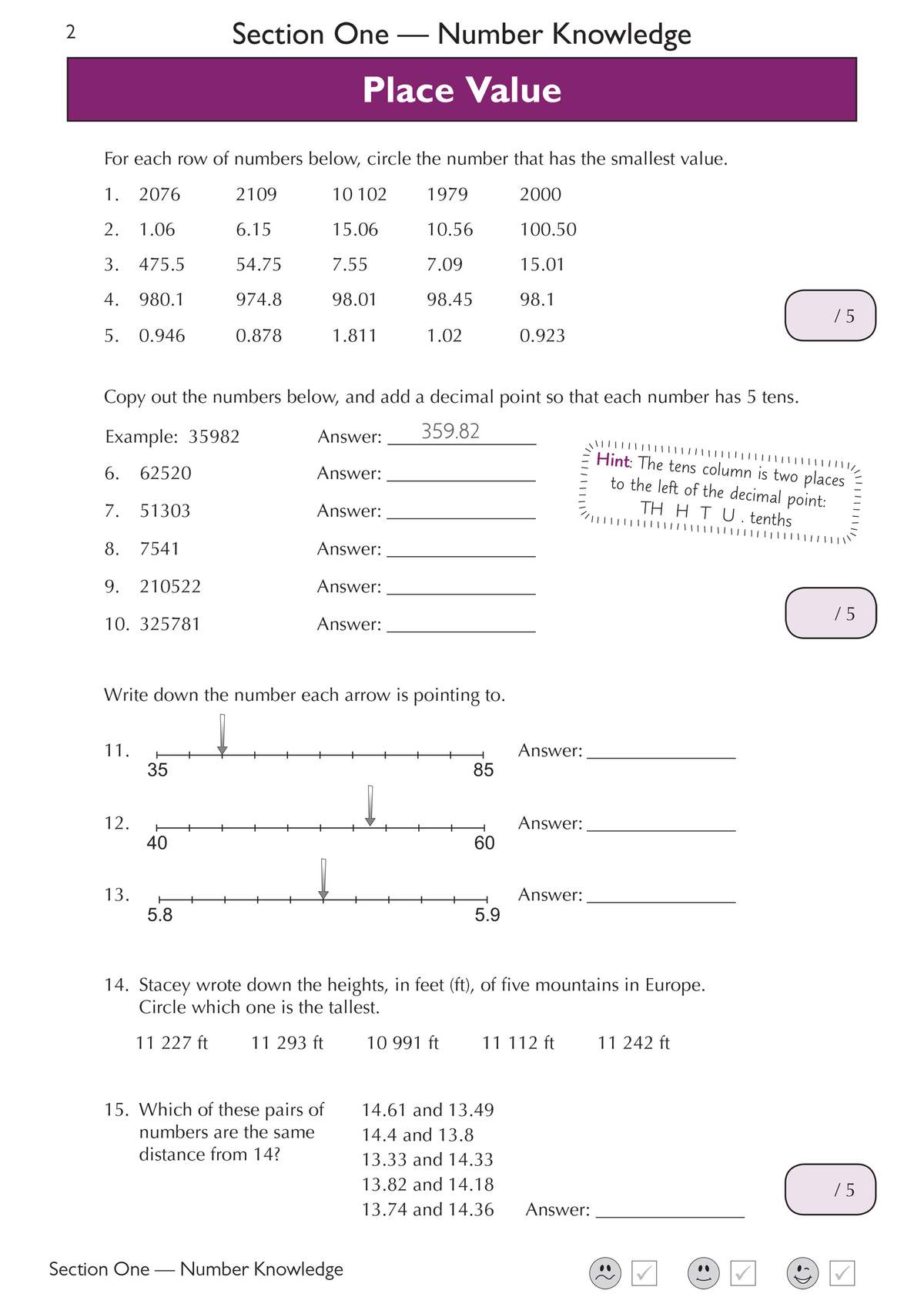 Children circle the smallest number in rows, place decimal points, read number lines, and compare mountain heights
