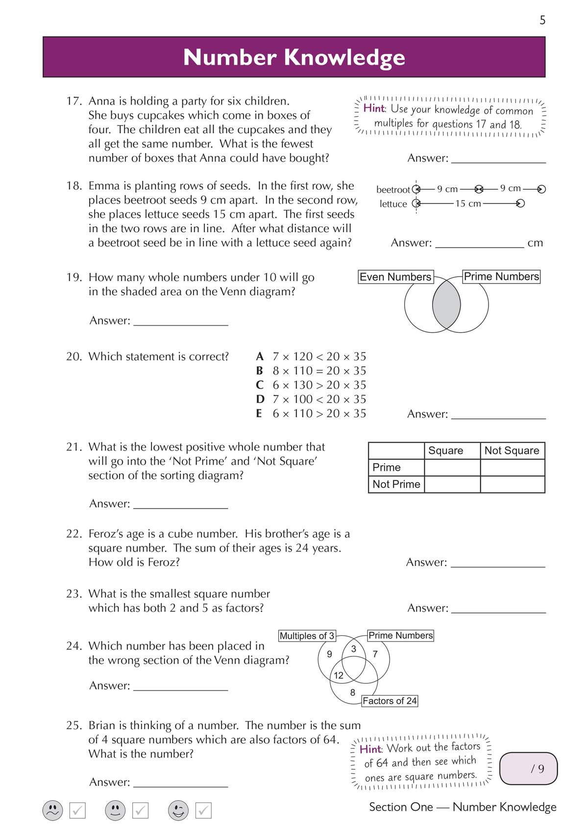 Nine number problems on factors, primes and squares, with Venn diagrams to sort numbers and a multiple-choice question