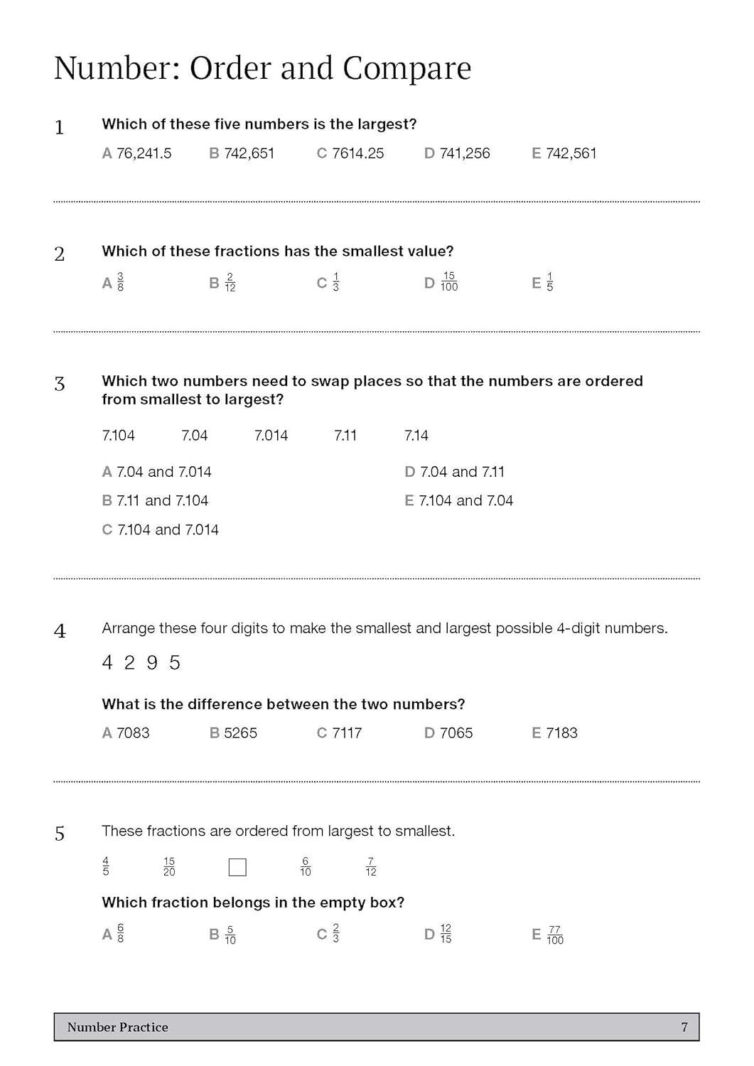 Five multiple-choice questions on ordering and comparing numbers, including decimals and fractions, plus a calculation task