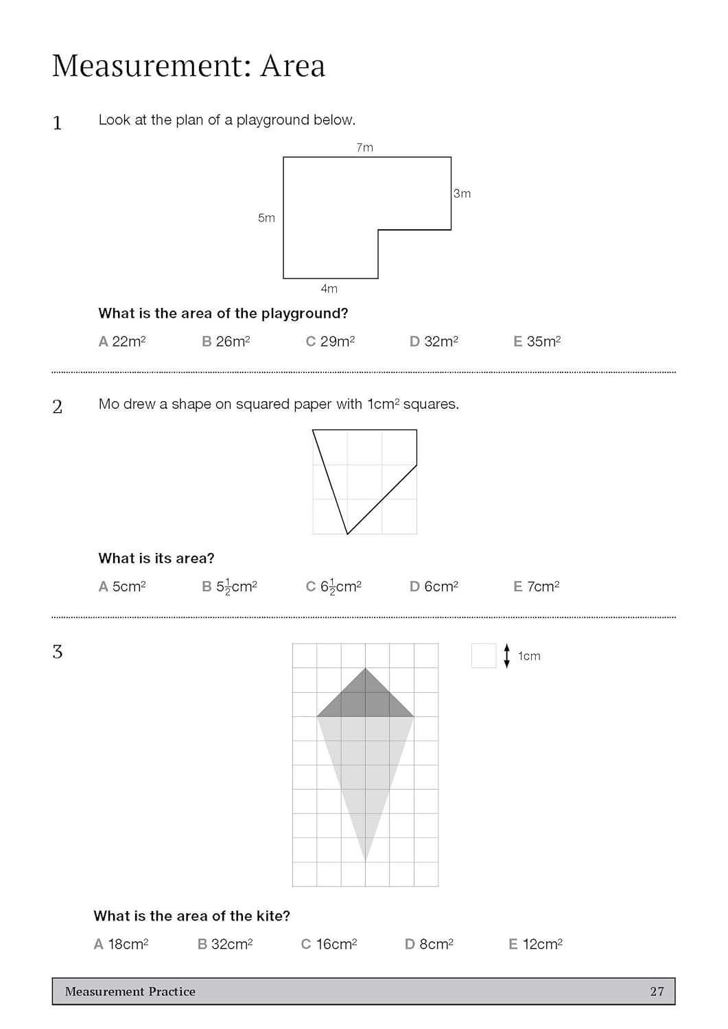 Three questions on calculating the area of playgrounds, shapes on squared paper and a kite, with multiple-choice answers