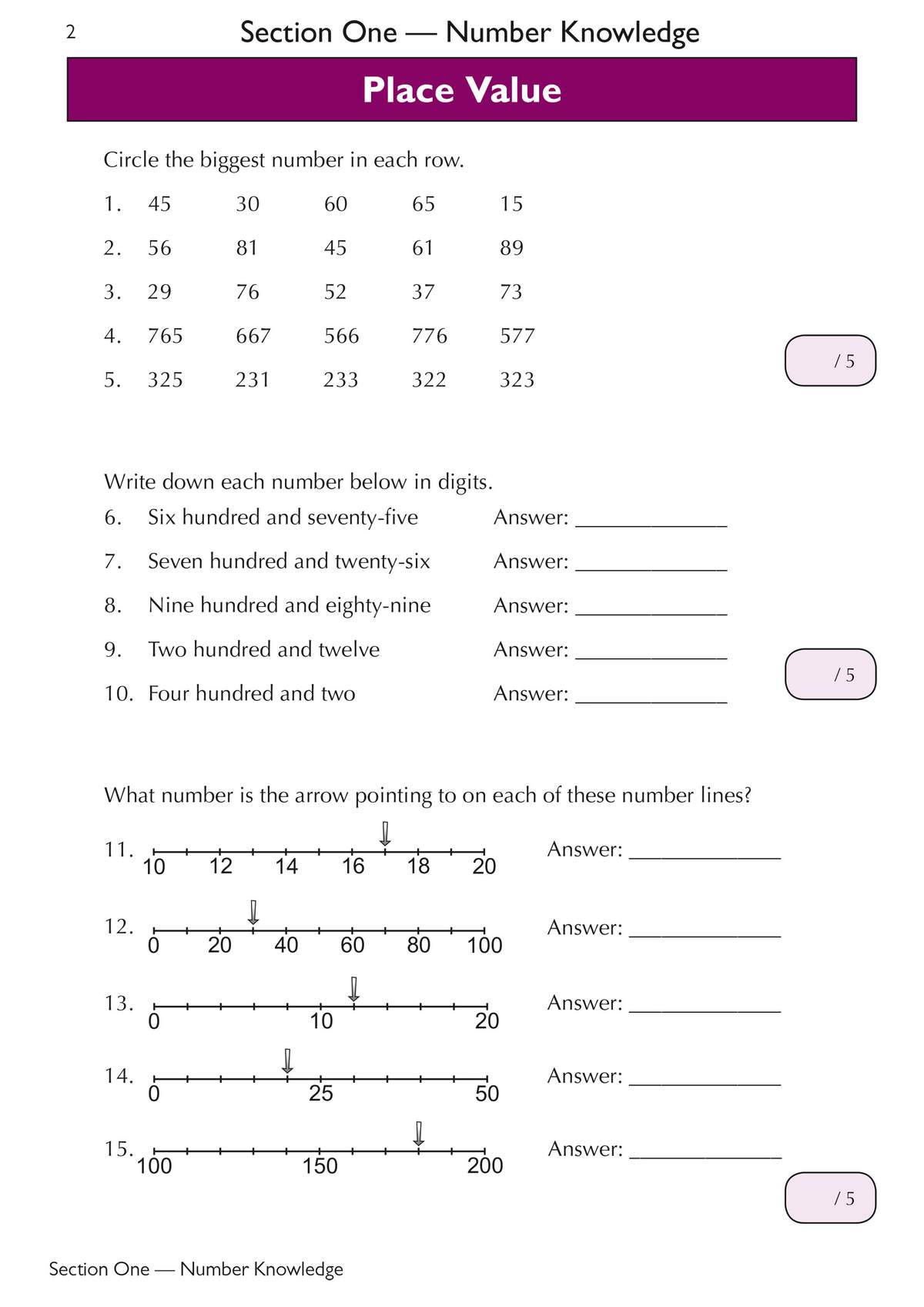 Children circle the biggest number in rows, write numbers in digits, and read values from number lines