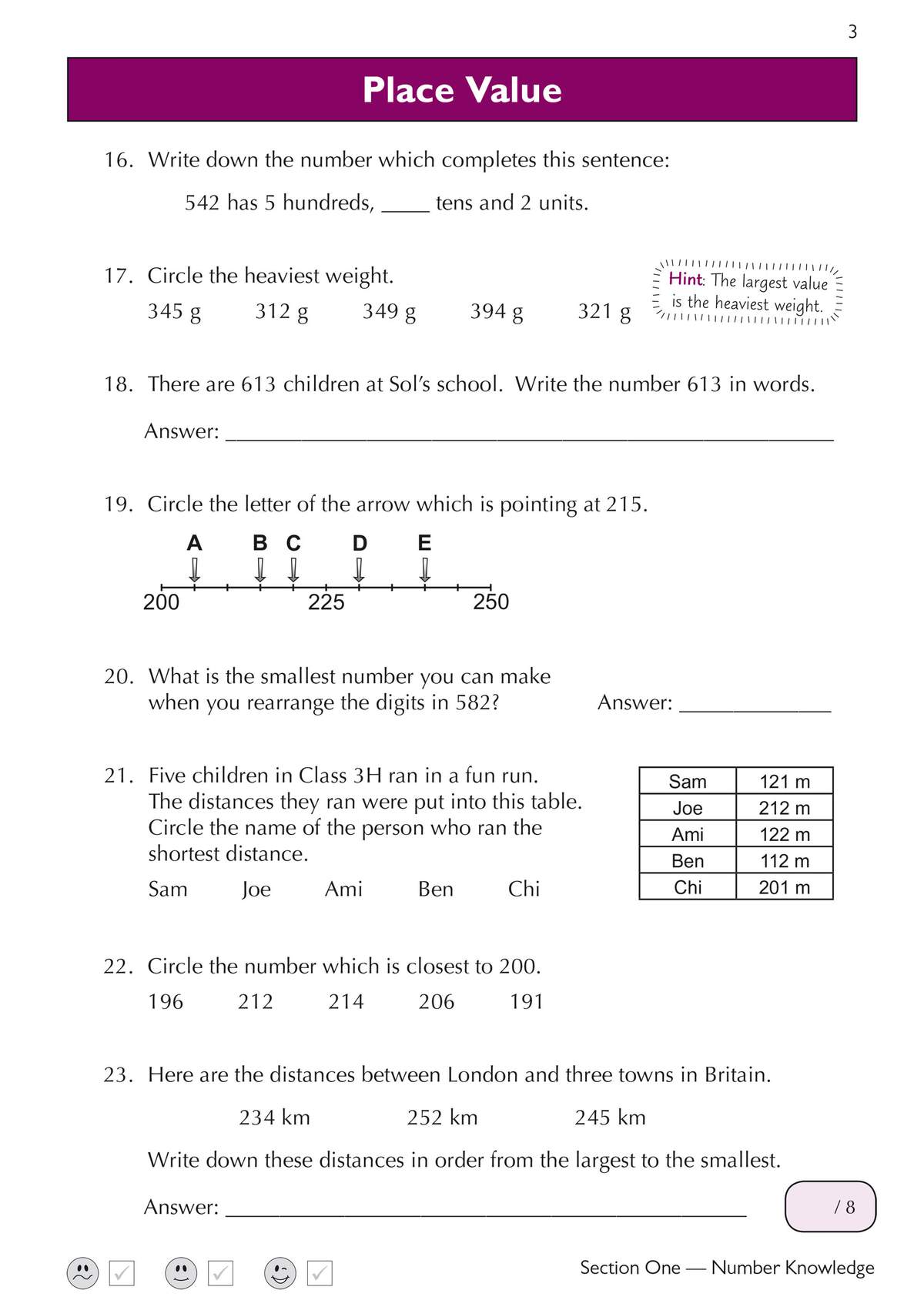 Children complete six place value questions, including writing numbers in words, ordering distances