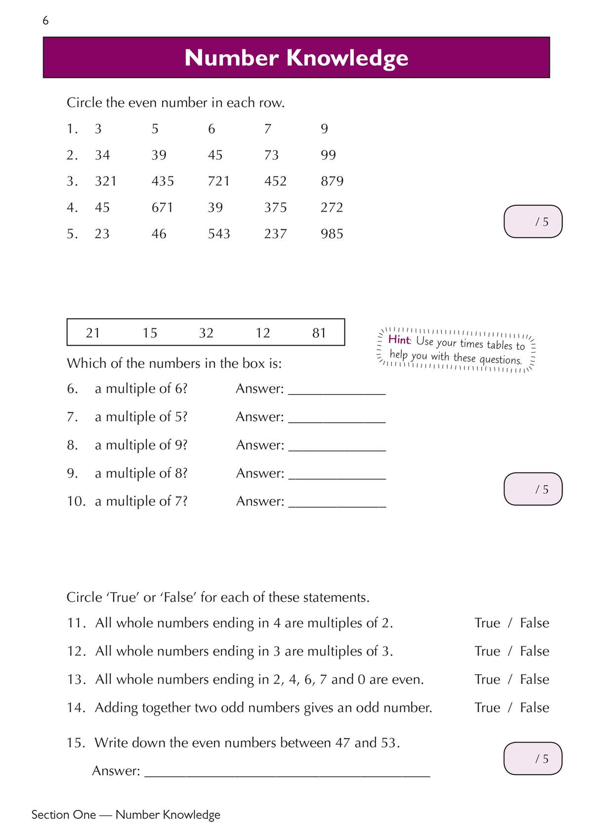 Children circle even numbers, identify multiples from a box, and decide if statements about whole numbers are true or false