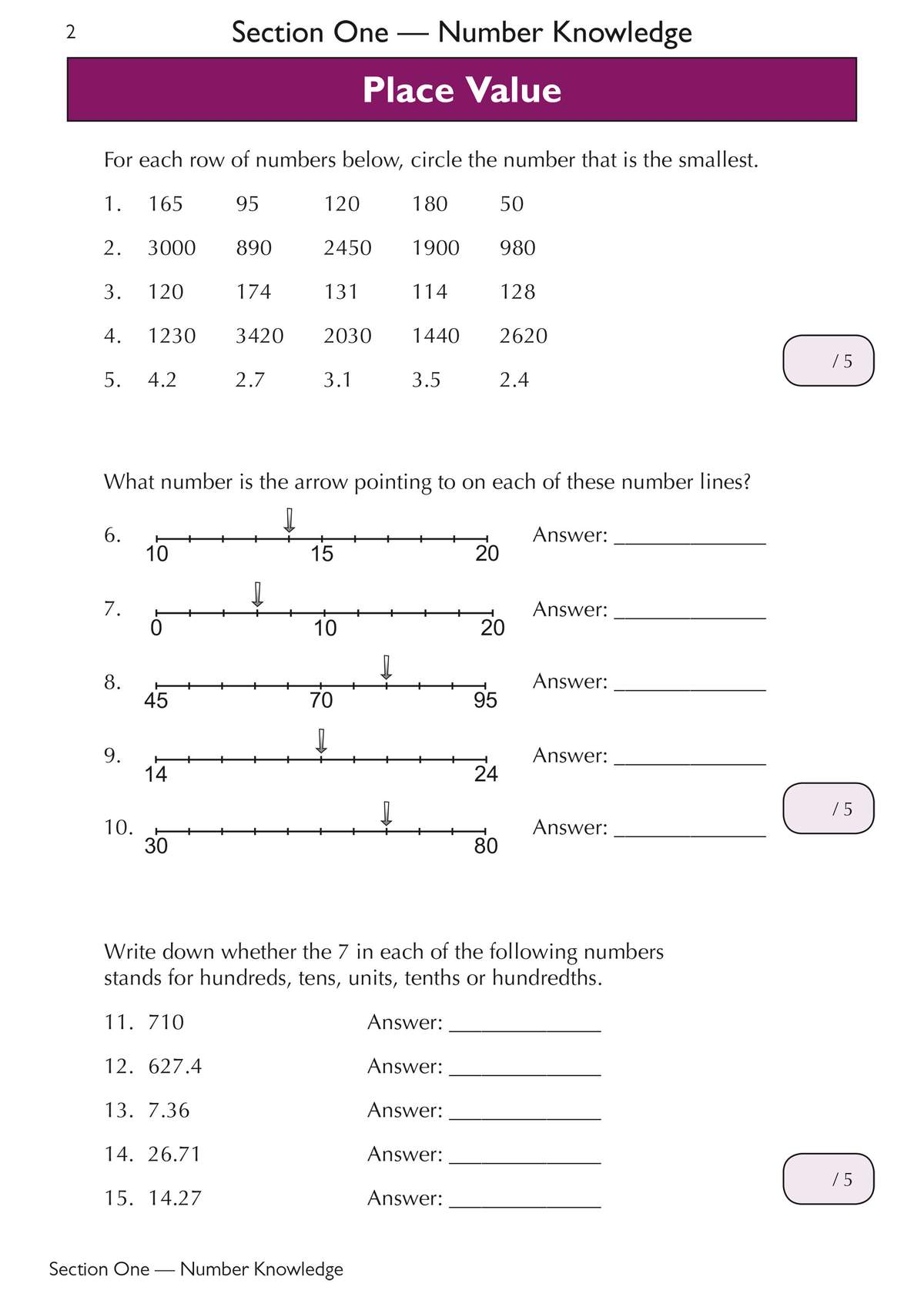 Children circle the smallest number in rows, read values from number lines, and identify place value of the digit 7