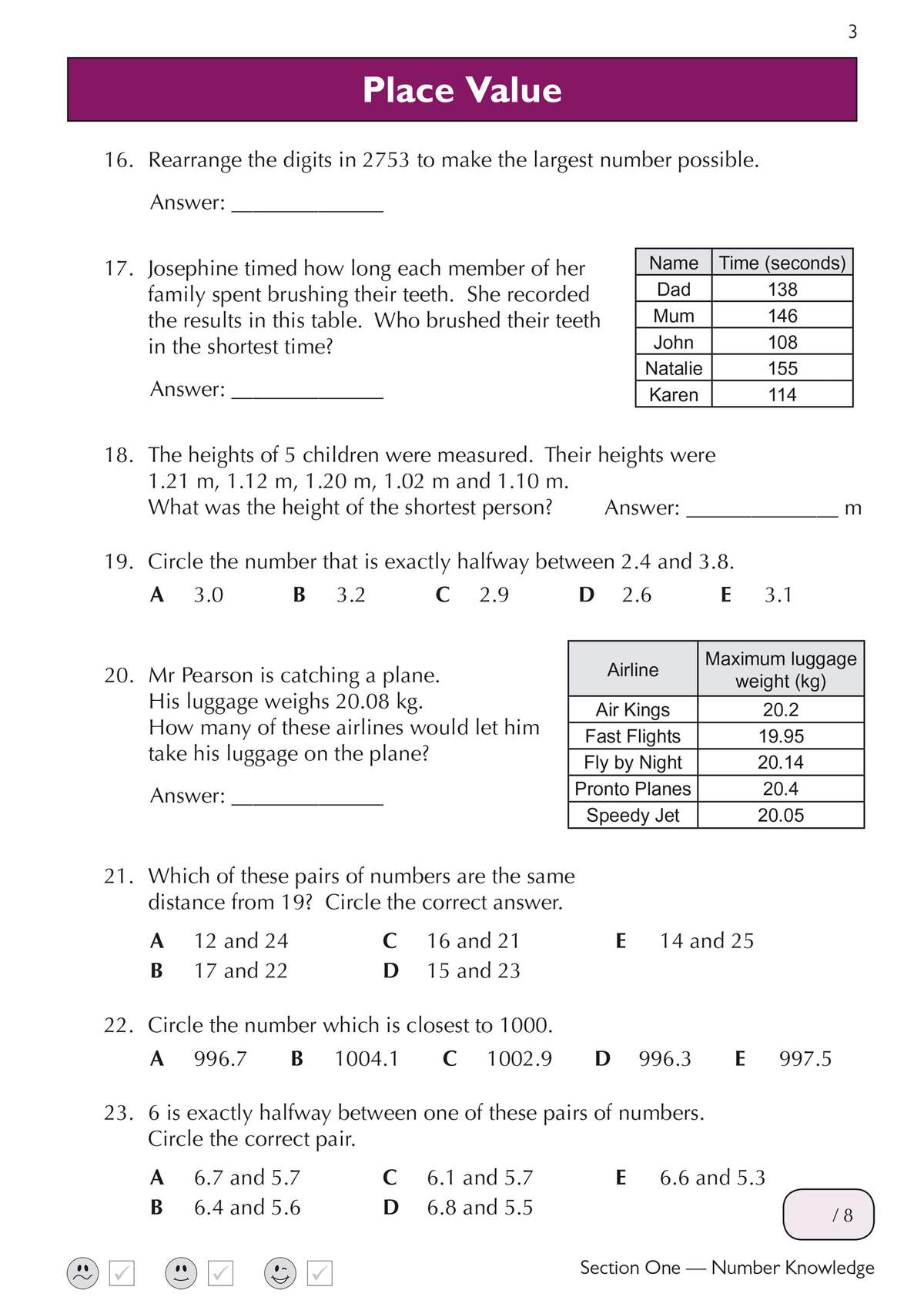 Children rearrange digits, compare heights and luggage weights, and circle correct answers to decimal place value questions