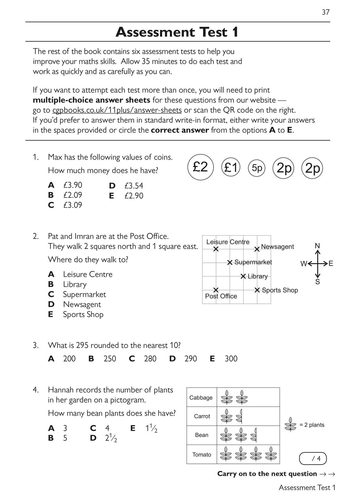 Four maths questions on money, directions, rounding and pictograms, with multiple-choice answers