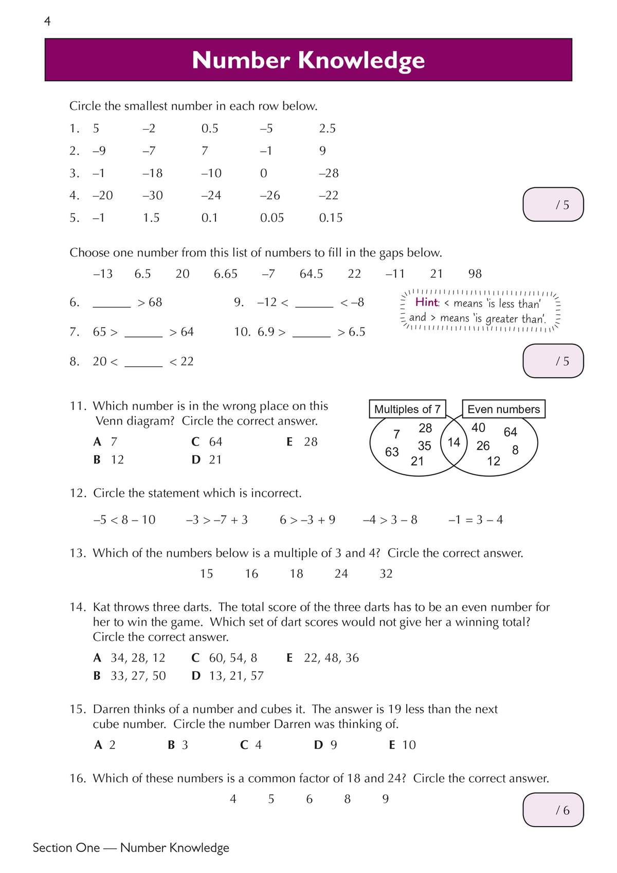 Sixteen questions on comparing numbers, inequalities, multiples and factors, including a dart-throwing word problem
