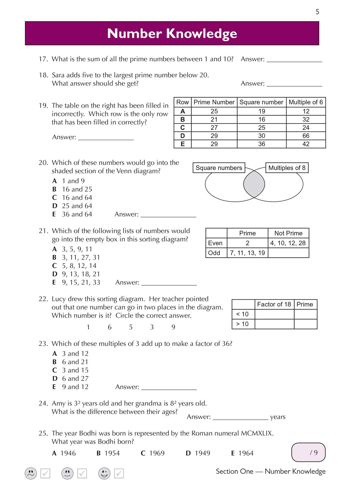 Ten questions on prime numbers, square numbers and factors, including a table to check and a Venn diagram to complete