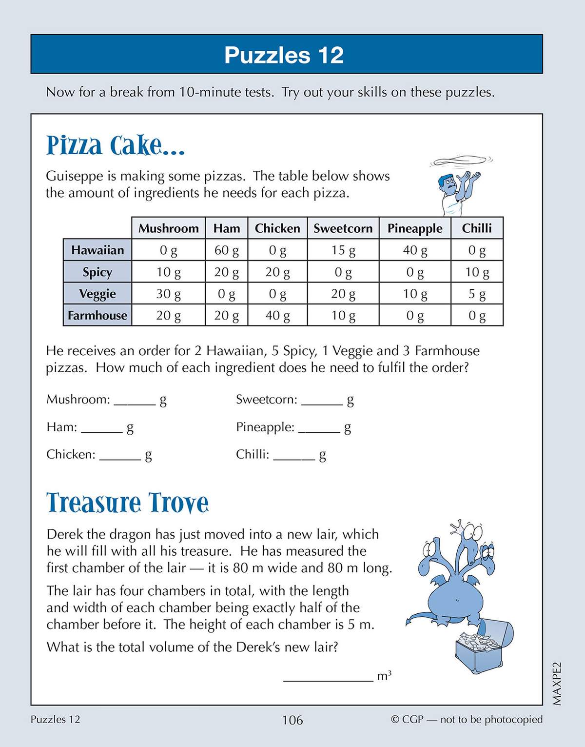 Two puzzles on ingredient weights and dragon lair volume, with a table to reference and boxes to fill in the answers