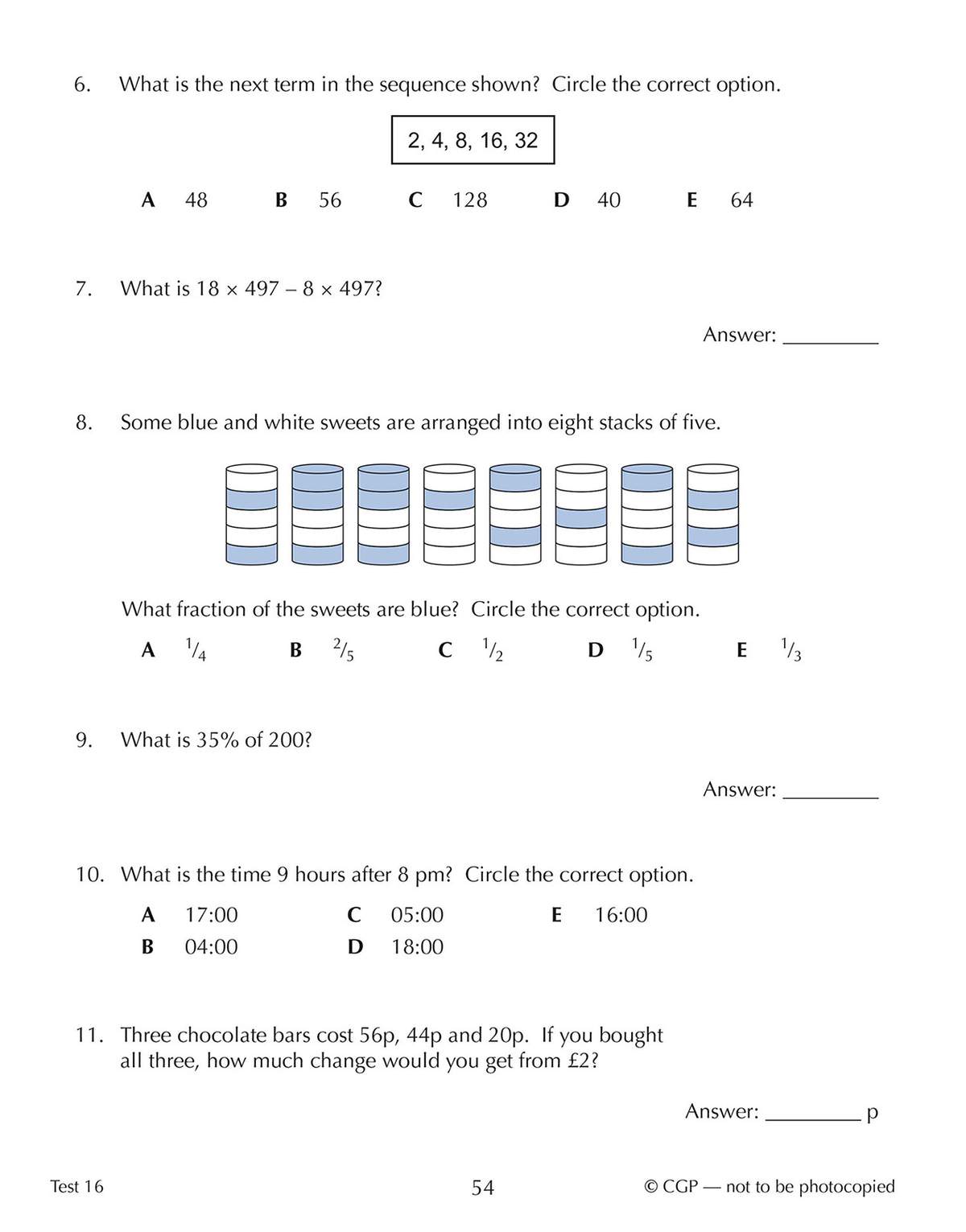 Six mental maths questions covering number sequences, multiplication, fractions, percentages and time