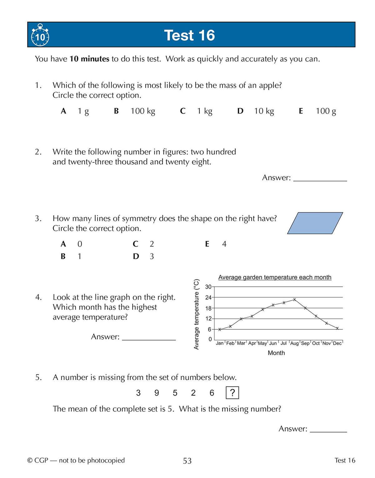 A timed test with five questions covering mass, number writing, symmetry, line graphs and mean calculations