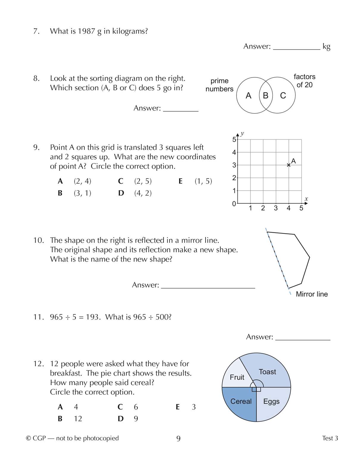 Six maths questions on conversions, coordinates, shapes and pie charts, with space to write answers