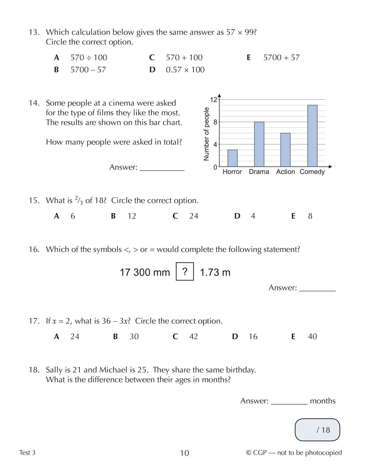 A page of mixed maths questions including calculations, a bar chart to interpret, and algebraic substitution