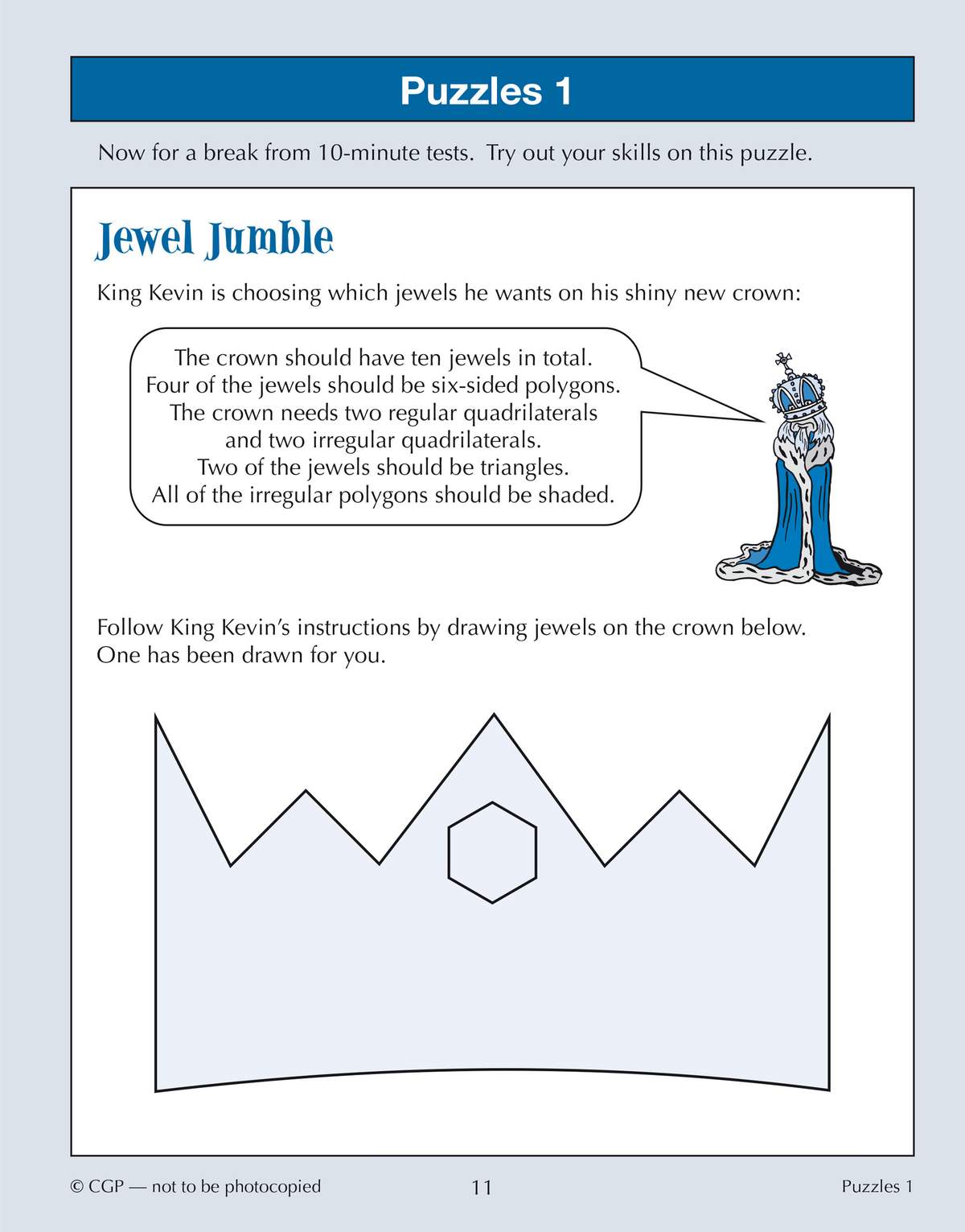 A puzzle where children draw specific shapes onto a crown outline based on King Kevin's instructions