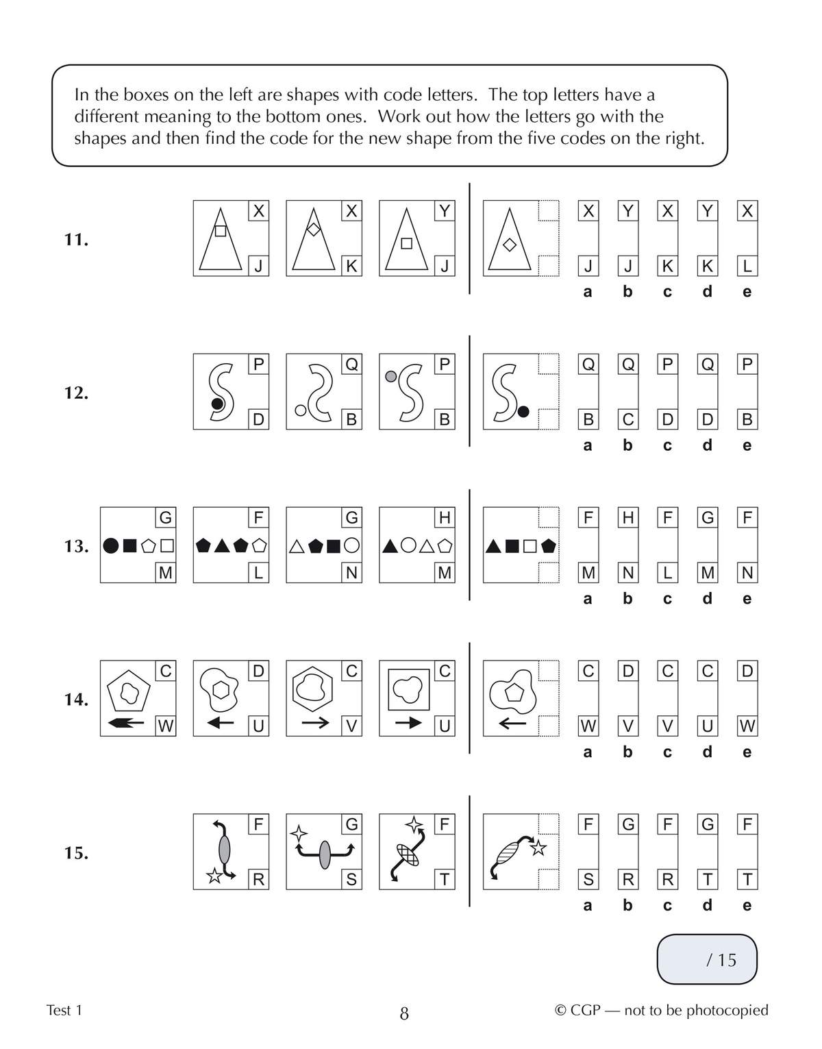 Five non-verbal reasoning questions where children decode shapes to find the correct code from five options