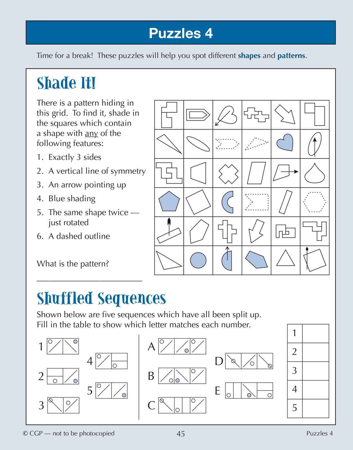 Two non-verbal reasoning puzzles: shade shapes matching six features, then match split sequences to their correct order