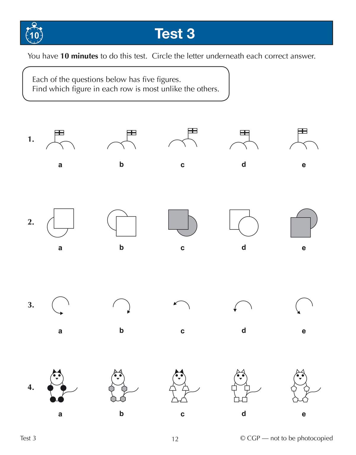 Four non-verbal reasoning questions where children circle the letter of the figure that differs from the others