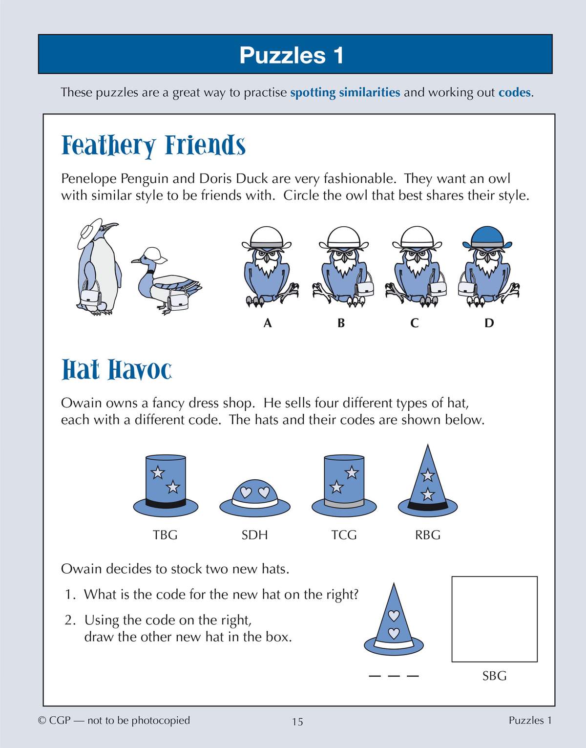 Children circle the owl that matches the style of two birds, then decode hat patterns to draw a new hat